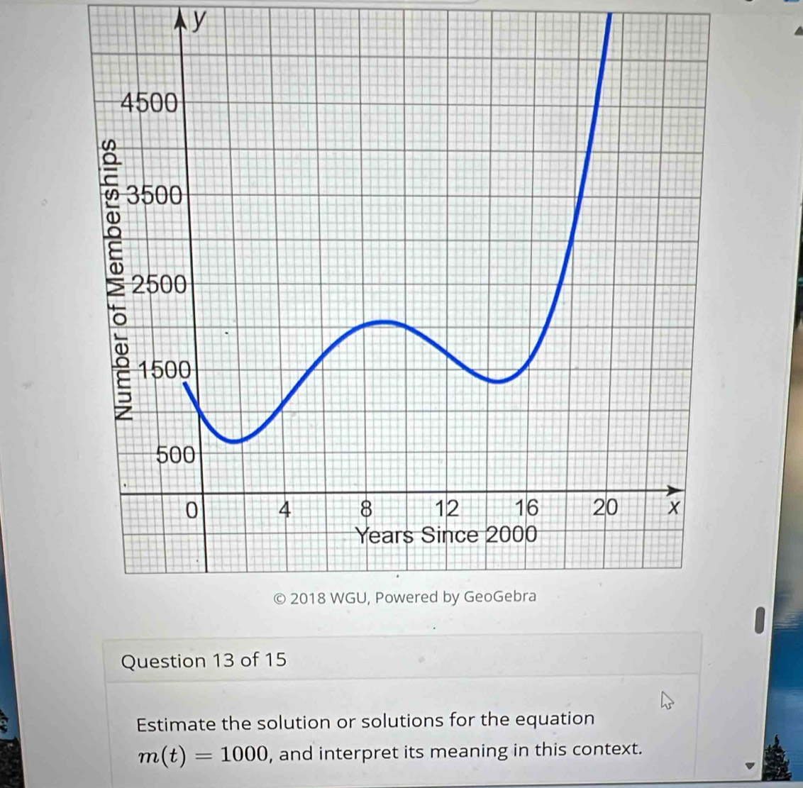 Estimate the solution or solutions for the equation
m(t)=1000 , and interpret its meaning in this context.