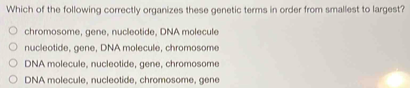 Which of the following correctly organizes these genetic terms in order from smallest to largest?
chromosome, gene, nucleotide, DNA molecule
nucleotide, gene, DNA molecule, chromosome
DNA molecule, nucleotide, gene, chromosome
DNA molecule, nucleotide, chromosome, gene