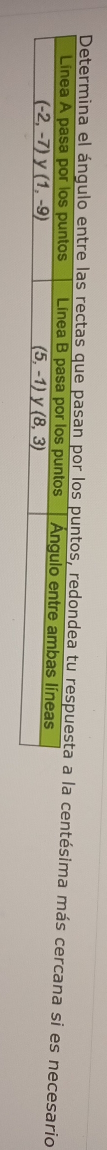 Determina el ángulo entre las rectas que pasan por los puntoésima más cercana si es necesario