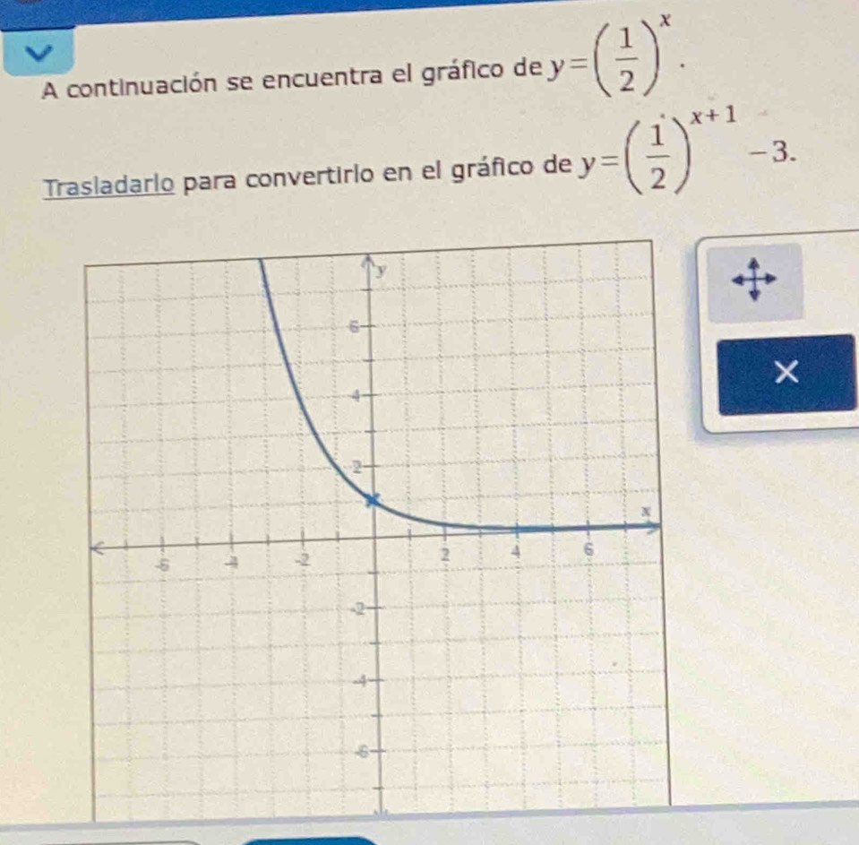 A continuación se encuentra el gráfico de y=( 1/2 )^x. 
Trasladario para convertirlo en el gráfico de y=( 1/2 )^x+1-3. 
×