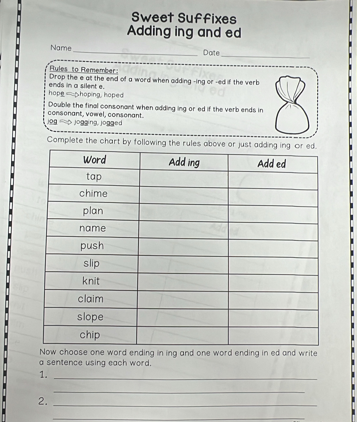 Sweet Suffixes 
Adding ing and ed 
_ 
Name _Date 
Rules to Remember: 
Drop the e at the end of a word when adding -ing or -ed if the verb 
ends in a silent e. 
hope —hoping, hoped 
Double the final consonant when adding ing or ed if the verb ends in 
consonant, vowel, consonant. 
jog jogging, jogged 
Complete the chart by following the rules abov 
rd ending in ing and one word ending in ed and write 
a sentence using each word. 
1._ 
_ 
2._ 
_