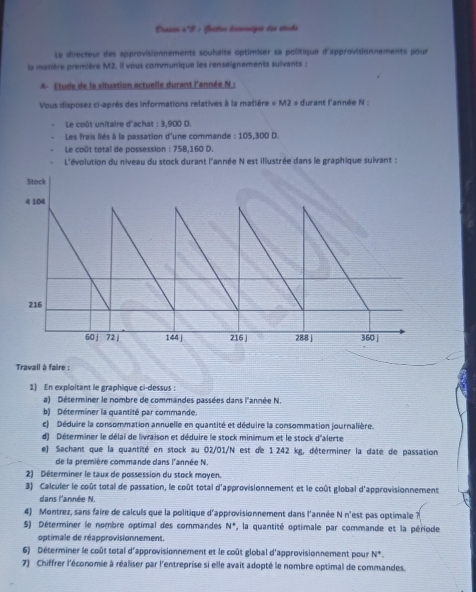 Dussin n°5 : fratton dimmarges des atihe
Le directeur des approvisionnements soulaité optimiser sa politique d'approvisionnements pour
la matière première M2. il vous communique les renseignements suivants :
A- Etude de la situation actuelle durant l'année N :
Vous disposez ci-après des informations relatives à la matière ∠ M2=d urant l'année N :
Le coût unitaire d'achat : 3,900 D.
Les frais llés à la passation d'une commande : 105,300 D.
Le coût total de possession : 758,160 D.
L'évolution du niveau du stock durant l'année N est illustrée dans le graphique suivant :
Stock
4 104
216
60 | 72j 144 j 216 j 288 j 360 j
Travail à faire :
1) En exploitant le graphique ci-dessus :
a) Déserminer le nombre de commandes passées dans l'année N.
b) Déterminer la quantité par commande.
c) Déduire la consommation annuelle en quantité et déduire la consommation journalière.
d) Déterminer le délai de livraison et déduire le stock minimum et le stock d'alerte
e) Sachant que la quantité en stock au 02/01/N est de 1242 kg, déterminer la date de passation
de la première commande dans l'année N.
2) Déterminer le taux de possession du stock moyen.
3) Calculer le coût total de passation, le coût total d'approvisionnement et le coût global d'approvisionnement
dans l'année N.
4) Montrez, sans faire de calcuis que la politique d'approvisionnement dans l'année N n'est pas optimale ?
5) Déterminer le nombre optimal des commandes N*, la quantité optimale par commande et la période
optimale de réapprovisionnement.
6) Déterminer le coût total d'approvisionnement et le coût global d'approvisionnement pour N°.
7) Chiffrer l'économie à réaliser par l'entreprise si elle avait adopté le nombre optimal de commandes.