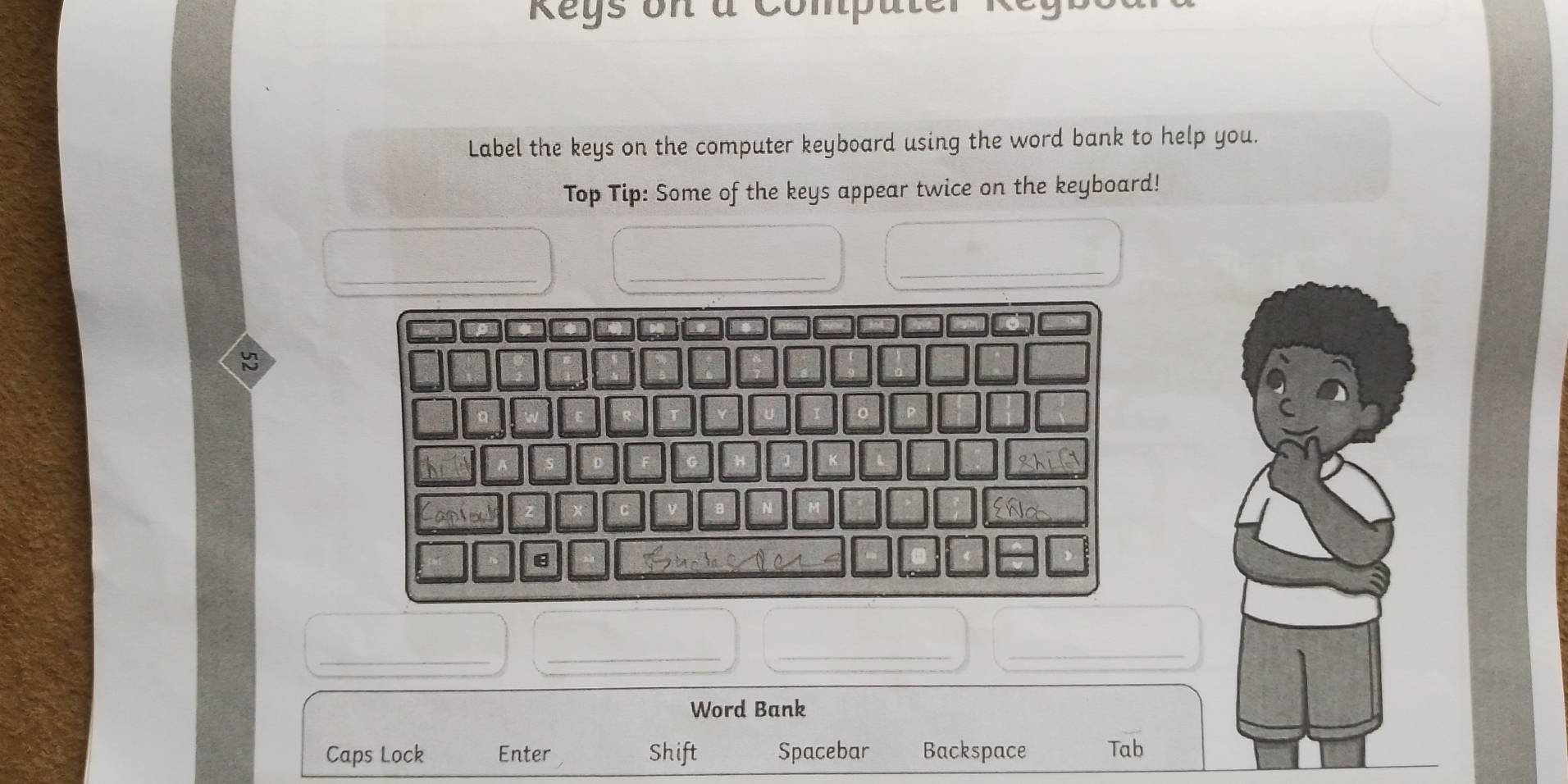 Label the keys on the computer keyboard using the word bank to help you. 
Top Tip: Some of the keys appear twice on the keyboard! 
_ 
_ 
_ 
_ 
_ 
__ 
Word Bank 
Caps Lock Enter Shift Spacebar Backspace Tab