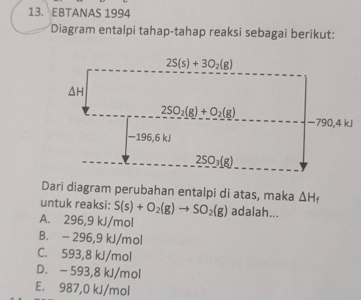 EBTANAS 1994
Diagram entalpi tahap-tahap reaksi sebagai berikut:
Dari diagram perubahan entalpi di atas, maka △ H_f
untuk reaksi: S(s)+O_2(g)to SO_2(g) adalah...
A. 296,9 kJ/mol
B. - 296,9 kJ/mol
C. 593,8 kJ/mol
D. - 593,8 kJ/mol
E. 987,0 kJ/mol