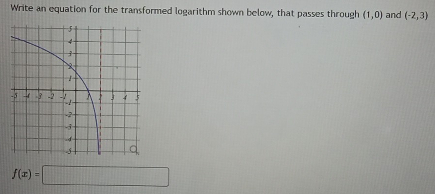 Write an equation for the transformed logarithm shown below, that passes through (1,0) and (-2,3)
f(x)=□