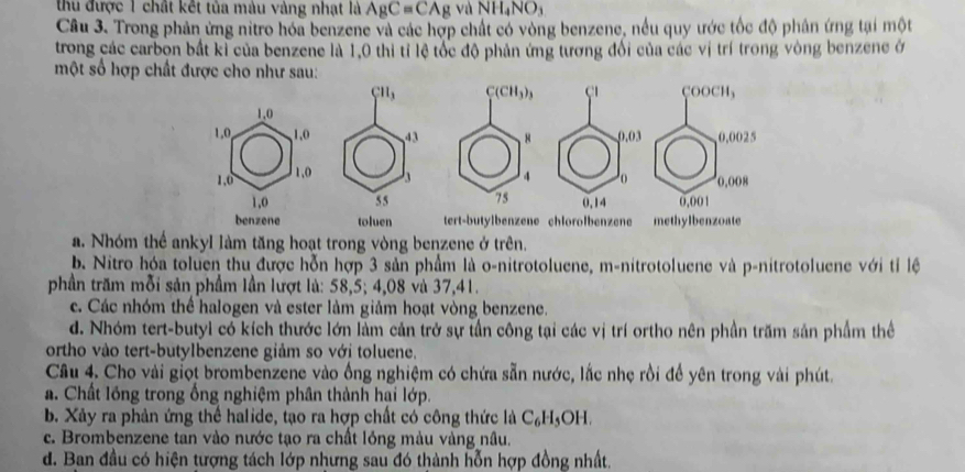 thủ được 1 chất kết tủa màu vàng nhạt là AgCequiv CAg và NH_4NO_3
Câu 3. Trong phản ứng nitro hóa benzene và các hợp chất có vòng benzene, nều quy ước tốc độ phân ứng tại một
trong các carbon bắt kỉ của benzene là 1,0 thì tỉ lệ tốc độ phản ứng tương đối của các vị trí trong vòng benzene ở
một số hợp
a. Nhóm thể ankyl làm tăng hoạt trong vòng benzene ở trên.
b. Nitro hóa toluen thu được hỗn hợp 3 sản phẩm là o-nitrotoluene, m-nitrotoluene và p-nitrotoluene với tỉ lệ
phần trăm mỗi sản phầm lần lượt là: 58,5; 4,08 và 37,41.
c. Các nhóm thể halogen và ester làm giảm hoạt vòng benzene.
d. Nhóm tert-butyl có kích thước lớn làm cản trở sự tần công tại các vị trí ortho nên phần trăm sản phẩm thể
ortho vào tert-butylbenzene giảm so với toluene.
Câu 4. Cho vài giọt brombenzene vào ống nghiệm có chứa sẵn nước, lắc nhẹ rồi để yên trong vài phút.
a. Chất lồng trong ống nghiệm phân thành hại lớp.
b. Xảy ra phản ứng thể halide, tạo ra hợp chất có công thức là C_6H_5OH
c. Brombenzene tan vào nước tạo ra chất lóng màu vàng nâu.
d. Ban đầu có hiện tượng tách lớp nhưng sau đó thành hỗn hợp đồng nhất.