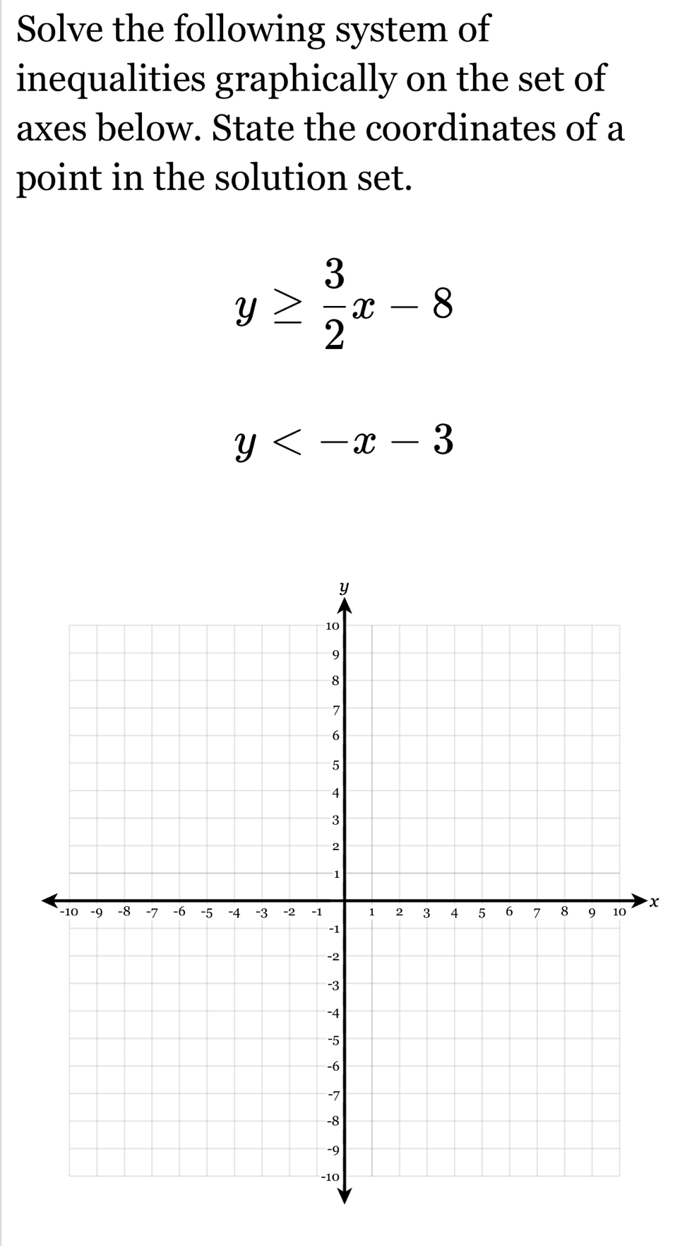 Solve the following system of
inequalities graphically on the set of
axes below. State the coordinates of a
point in the solution set.
y≥  3/2 x-8
y
x