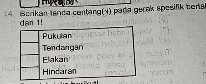 Berikan tanda centang(√) pada gerak spesifik bertal
dari 1!
Pukulan
Tendangan
Elakan
Hindaran