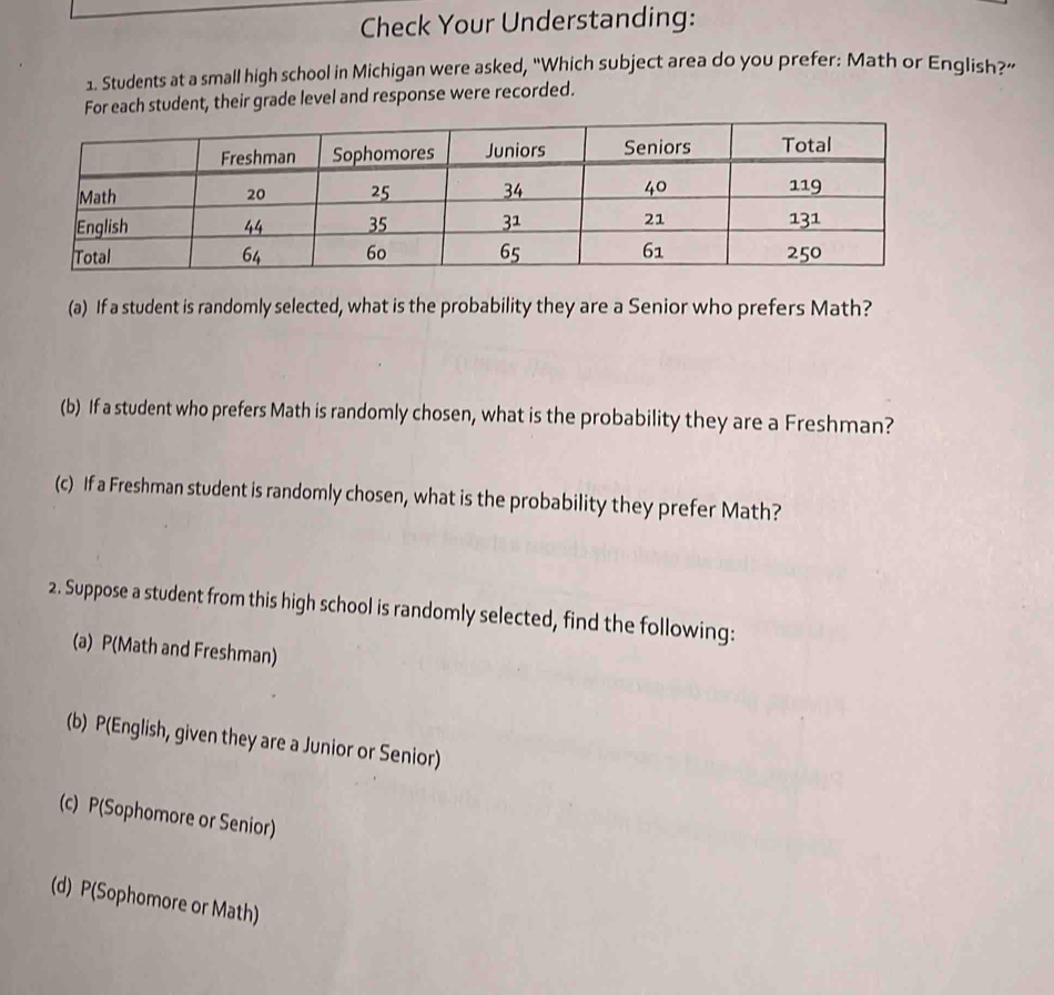 Check Your Understanding: 
1. Students at a small high school in Michigan were asked, “Which subject area do you prefer: Math or English?” 
For each student, their grade level and response were recorded. 
(a) If a student is randomly selected, what is the probability they are a Senior who prefers Math? 
(b) If a student who prefers Math is randomly chosen, what is the probability they are a Freshman? 
(c) If a Freshman student is randomly chosen, what is the probability they prefer Math? 
2. Suppose a student from this high school is randomly selected, find the following: 
(a) P(Math and Freshman) 
(b) P(English, given they are a Junior or Senior) 
(c) P(Sophomore or Senior) 
(d) P(Sophomore or Math)