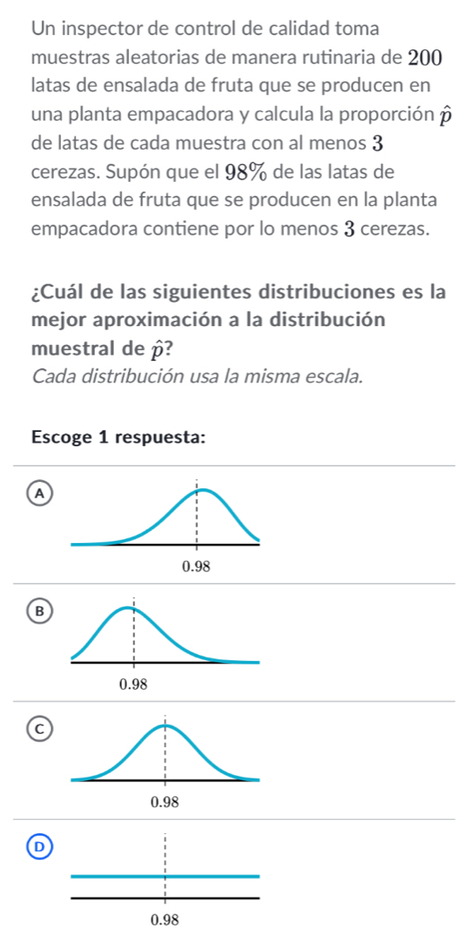 Un inspector de control de calidad toma
muestras aleatorias de manera rutinaria de 200
latas de ensalada de fruta que se producen en
una planta empacadora y calcula la proporción hat p
de latas de cada muestra con al menos 3
cerezas. Supón que el 98% de las latas de
ensalada de fruta que se producen en la planta
empacadora contiene por lo menos 3 cerezas.
¿Cuál de las siguientes distribuciones es la
mejor aproximación a la distribución
muestral de hat p
Cada distribución usa la misma escala.
Escoge 1 respuesta:
A
B
C
D
0.98