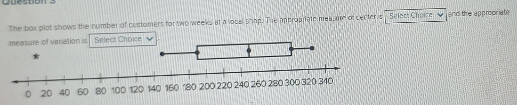 The box plot shows the number of customers for two weeks at a local shop. The appropriate measure of center is Select Choice and the appropriate