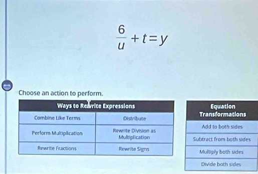  6/u +t=y
Choose an action to perform.