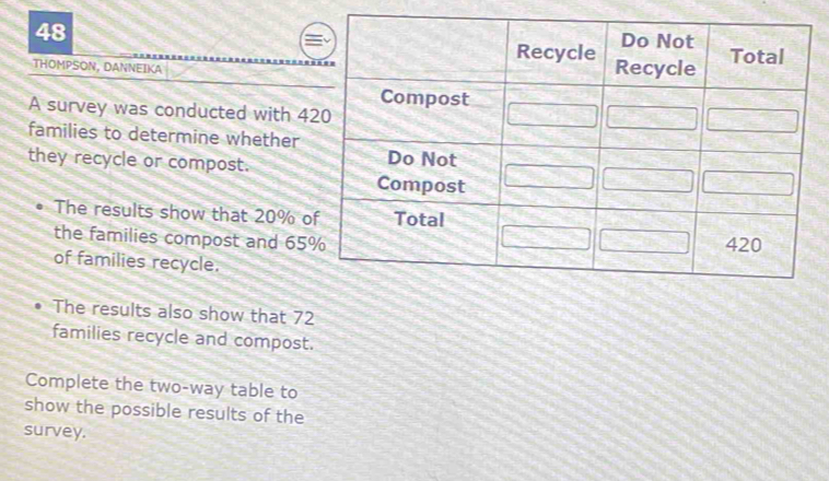 THOMPSON, DAN 
A survey w 
families to 
they recycl 
The resu 
the fami 
of famili 
The results also show that 72
families recycle and compost. 
Complete the two-way table to 
show the possible results of the 
survey.