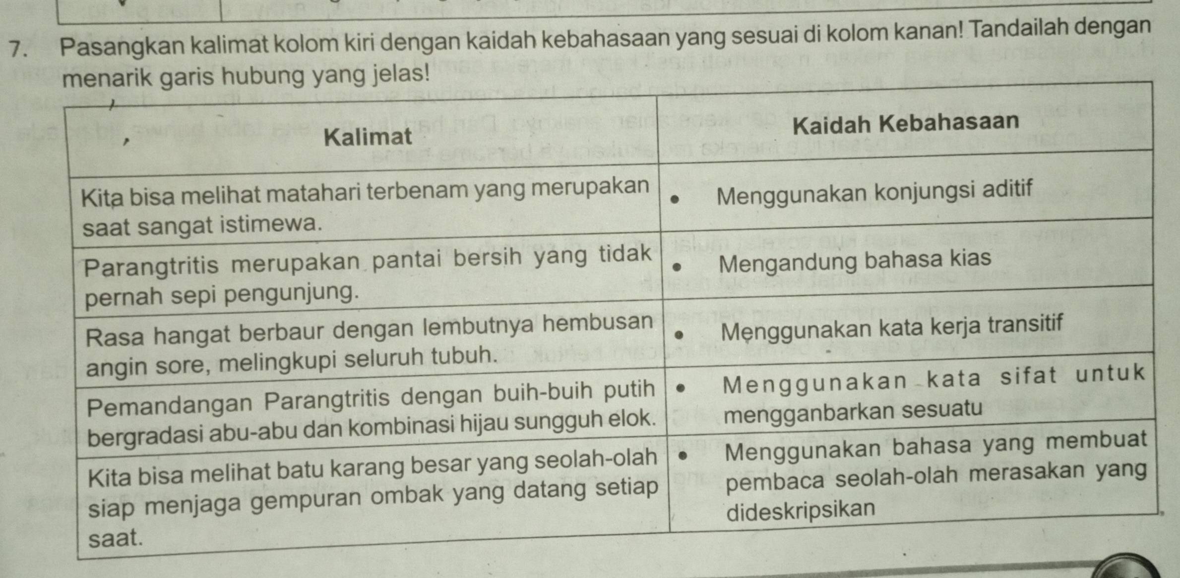 Pasangkan kalimat kolom kiri dengan kaidah kebahasaan yang sesuai di kolom kanan! Tandailah dengan