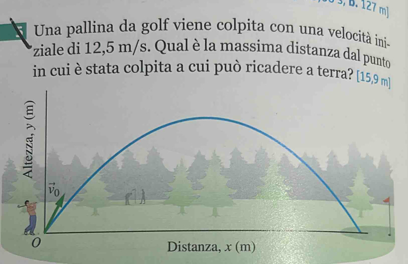 s, B. 127 ml
Una pallina da golf viene colpita con una velocità ini-
*ziale di 12,5 m/s. Qual è la massima distanza dal punto
in cui è stata colpita a cui può ricadere a terra? [15,9 m]