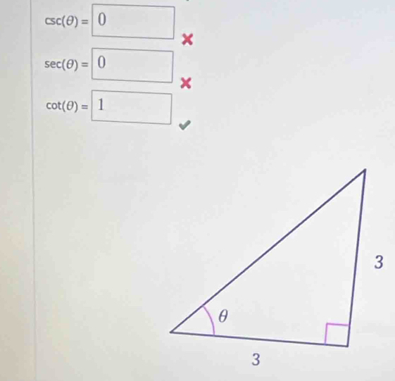 csc (θ )=0 ×
sec (θ )=0 ×
cot (θ )= 1