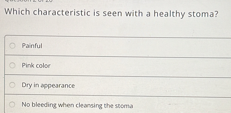 Which characteristic is seen with a healthy stoma?
Painful
Pink color
Dry in appearance
No bleeding when cleansing the stoma