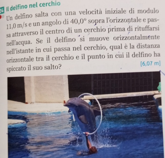 É Il delfino nel cerchio 
Un delfino salta con una velocità iniziale di modulo
11,0 m/s e un angolo di 40,0° sopra l’orizzontale e pas- 
sa attraverso il centro di un cerchio prima di rituffarsi 
nell’acqua. Se il delfino si muove orizzontalmente 
nell’istante in cui passa nel cerchio, qual è la distanza 
orizzontale tra il cerchio e il punto in cui il delfino ha 
spiccato il suo salto? [6,07 m]