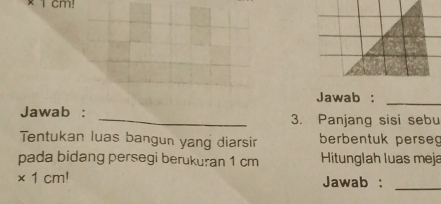 Jawab : 
_ 
Jawab : _3. Panjang sisi sebu 
Tentukan luas bangun yang diarsin berbentuk perse 
pada bidang persegi berukuran 1 cm Hitunglah luas meja
* 1cm^1 Jawab :_