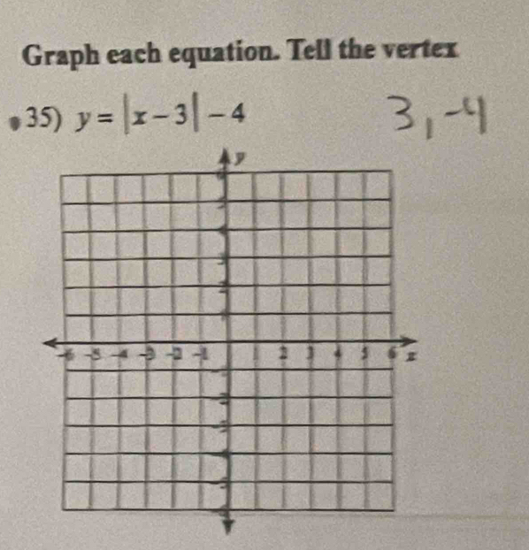 Graph each equation. Tell the vertex 
35) y=|x-3|-4