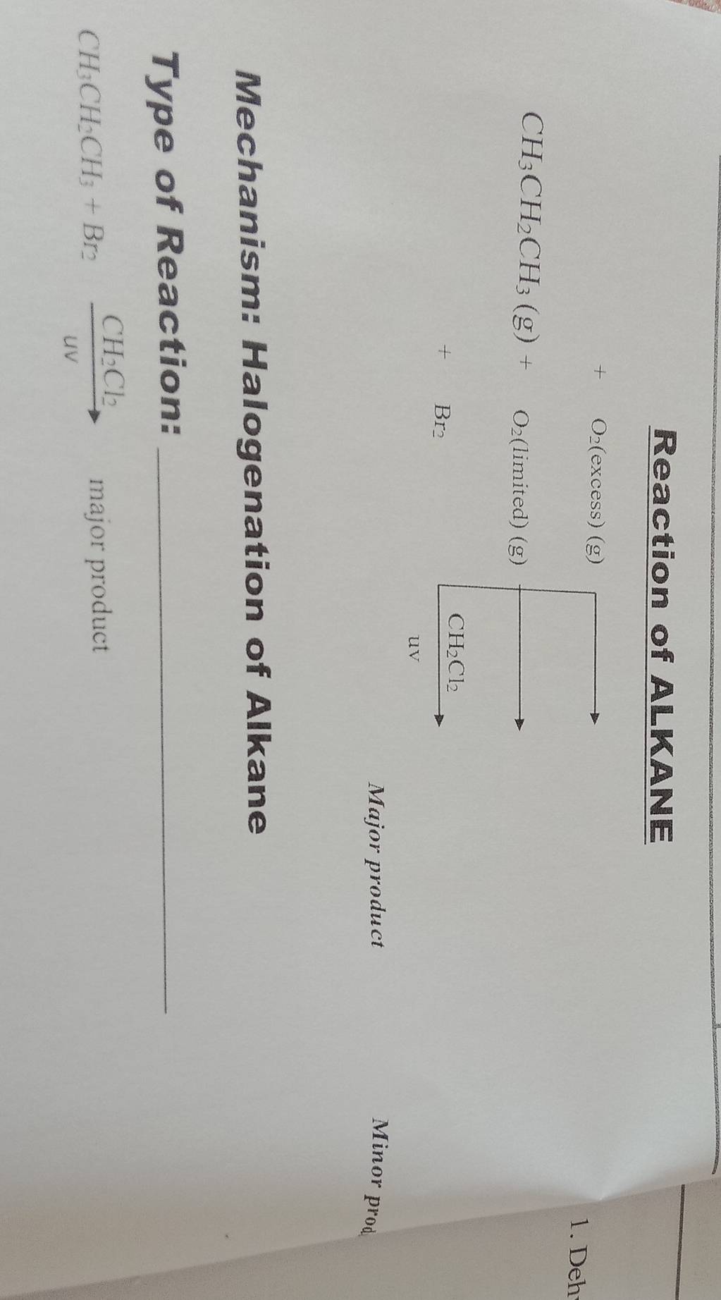 Reaction of ALKANE
O_2(excess)(g)
1. Deh
CH_3CH_2CH_3(g)+ O_2(limi ted) (g)
Br2
Major product Minor prod
Mechanism: Halogenation of Alkane
Type of Reaction:_
CH_3CH_2CH_3+Br_2xrightarrow CH_2Cl_2 major product