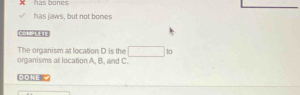 has bones
has jaws, but not bones
COMPLETE
The organism at location D is the □ 0
organisms at location A, B, and C.
DONE