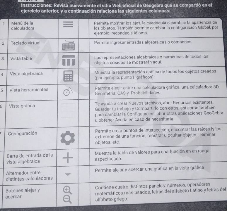 Instrucciones: Revisa nuevamente el sitio Web oficial de Geogebra que se compartió en el 
ejercicio anterior, y a continuación relaciona las siguientes columnas: 
1 
r 
2 
3 
4 
5 D, 
6 V 
bra 
Clos 
B 
vi 
Al 
di 
Bo 
acs del