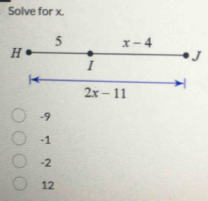 Solve for x.
-9
-1
-2
12