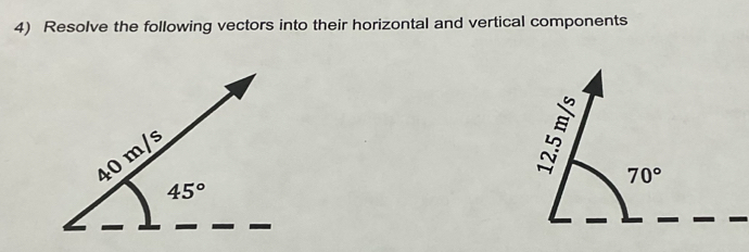 Resolve the following vectors into their horizontal and vertical components