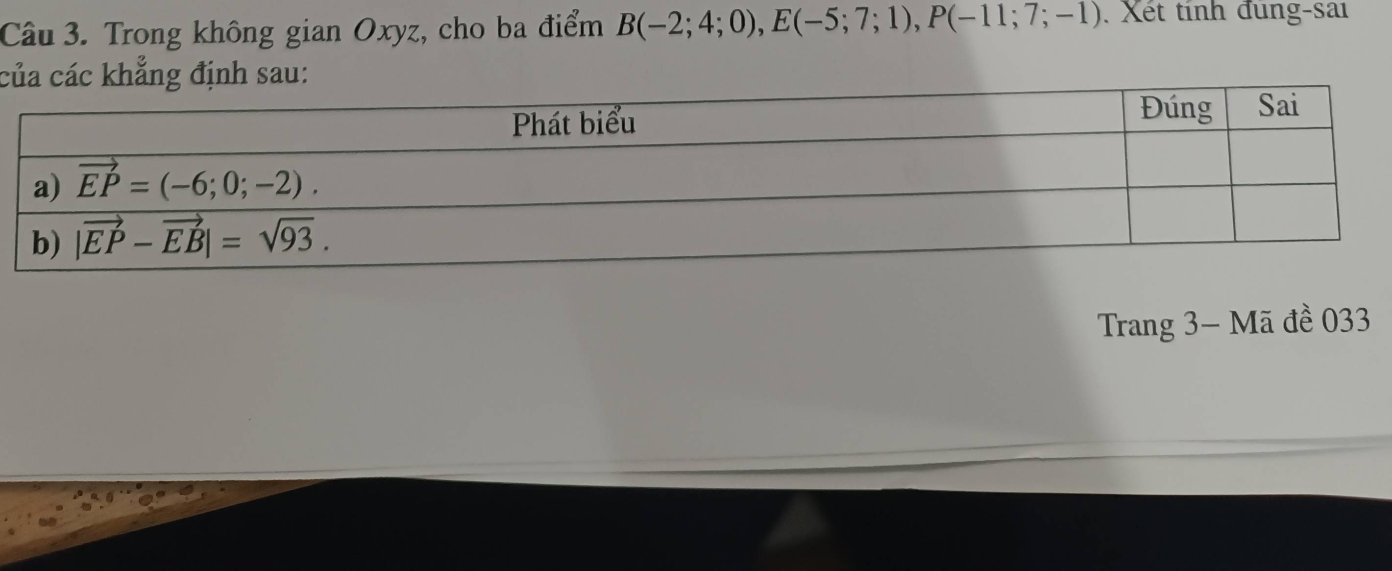 Trong không gian Oxyz, cho ba điểm B(-2;4;0),E(-5;7;1),P(-11;7;-1). Xét tinh đung-sai
của các khẳng định sau:
Trang 3- Mã đề 033