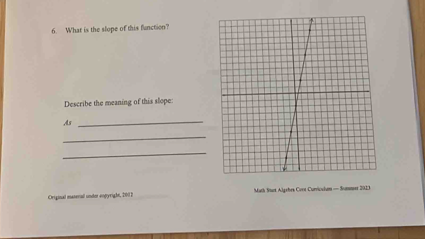 What is the slope of this function? 
Describe the meaning of this slope: 
As 
_ 
_ 
_ 
Original material under copyright, 2012 Math Start Algebra Core Curriculum — Summer 2023