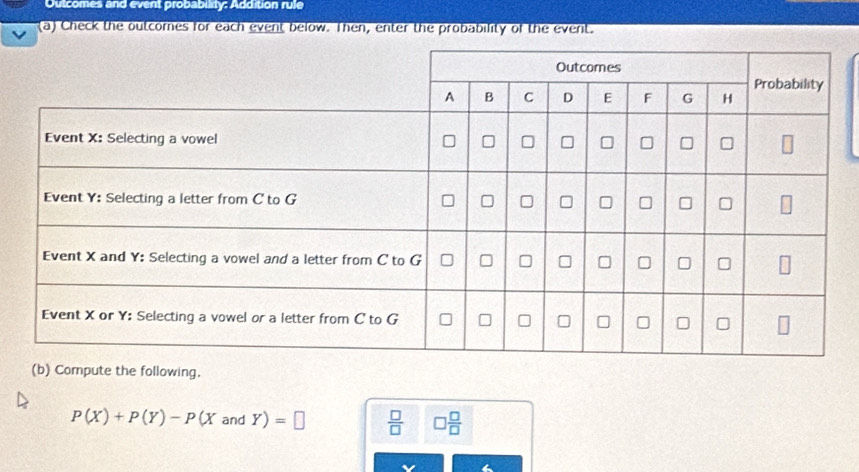 Outcomes and event probabuity: Addition rule 
(a) Check the outcomes for each event below. Then, enter the probability of the event. 
(b) Compute the following.
P(X)+P(Y)-P(X and Y)=□  □ /□   □  □ /□  