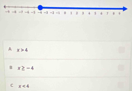 A x>4
B x≥ -4
C x<4</tex>