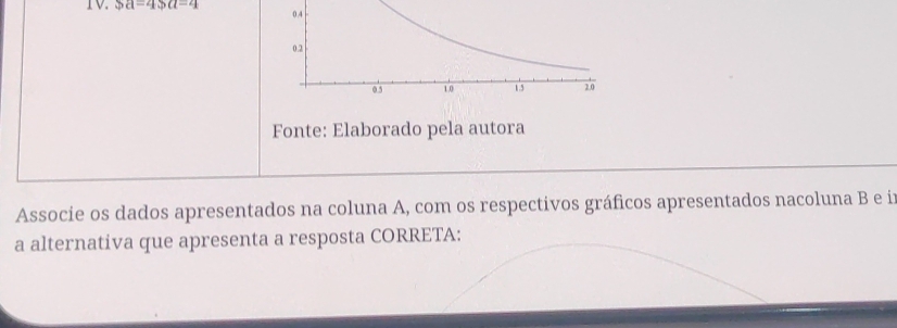 TV. |a|=4|a|=4
Fonte: Elaborado pela autora 
Associe os dados apresentados na coluna A, com os respectivos gráficos apresentados nacoluna B e i 
a alternativa que apresenta a resposta CORRETA: