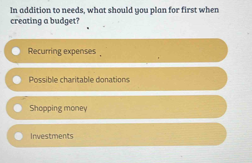 In addition to needs, what should you plan for first when
creating a budget?
Recurring expenses
Possible charitable donations
Shopping money
Investments