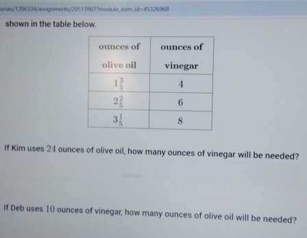 urses/1286334/assignments/20513907?module_item_ d=45326968
shown in the table below.
If Kim uses 24 ounces of olive oil, how many ounces of vinegar will be needed?
ounces
If Deb uses 10 ounces of vinegar, how many ounces of olive oil will be needed?