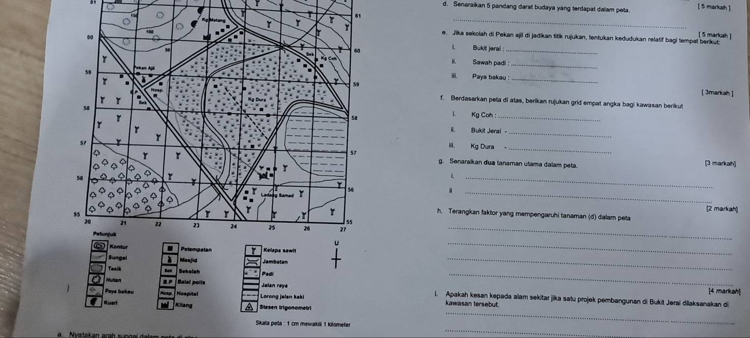 Senaraikan 5 pandang darat budaya yang terdapat dalam peta. 
C [ 5 markah ] 
[ 5 markah ] 
e. Jika sekolah di Pekan ajil di jadikan titik rujukan, tentukan kedudukan relatif bagi tempat berikut: 
i. Bukit jeral : 
ii. Sawah padi :_ 
iii. Paya bakau :_ 
[ 3markah ] 
f. Berdasarkan peta di atas, berikan rujukan grid empat angka bagi kawasan berikut 
I. Kg Coh : 
_ 
ii. Bukit Jeral 
iii. Kg Dura_ 
g. Senaraikan dua tanaman utama dalam peta. 
[3 markah] 
1. 
i 
_ 
_ 
[2 markah] 
h. Terangkan faktor yang mempengaruhi tanaman (d) dalam peta 
_ 
_ 
Sungal Masjid Jambatan 
Tanik Ben Sekolsh Padi 
_ 
_ 
[4 markah] 
Hutan B P Balai poils Jalan raya i. Apakah kesan kepada alam sekitar jika satu projek pembangunan di Bukit Jerai dilaksanakan di 
1 Paya bakau Kesp Hospital Lorong jalan kaki kawasan tersebut. 
Kueri Kilang a Stesen trigonometri 
Skala peta : 1 cm mewakili 1 kilometer
_ 
Nvatakan araḥ sungai dalam 
_