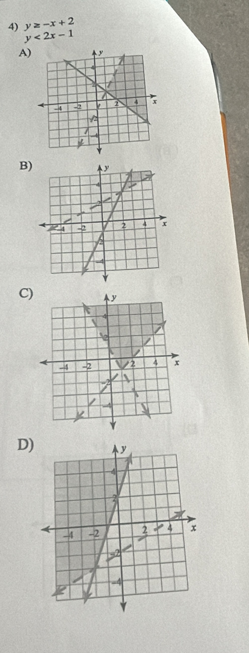 y≥ -x+2
y<2x-1</tex> 
A)
B)
C)
D)