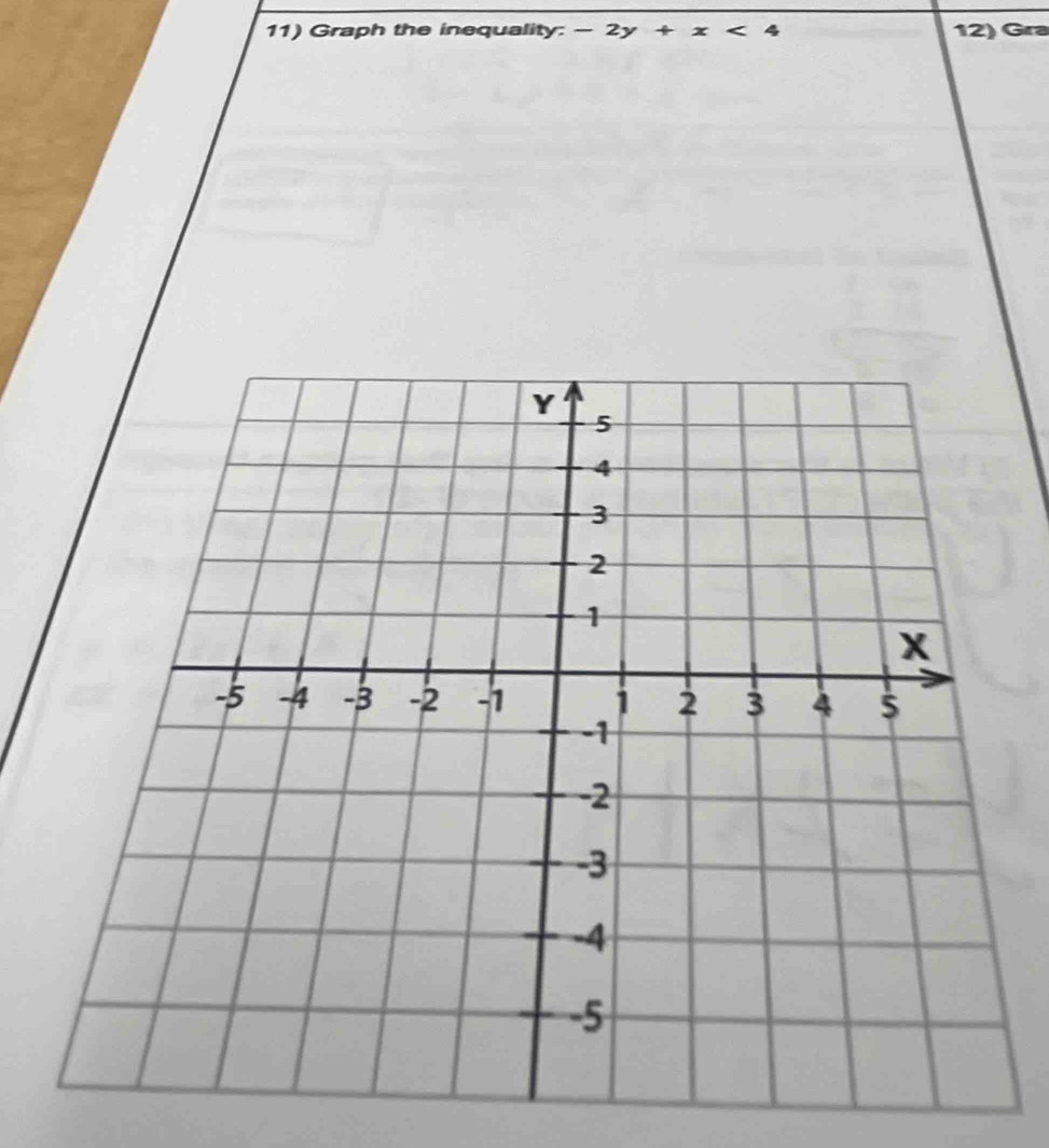 Graph the inequality: -2y+x<4</tex> 12) Gra