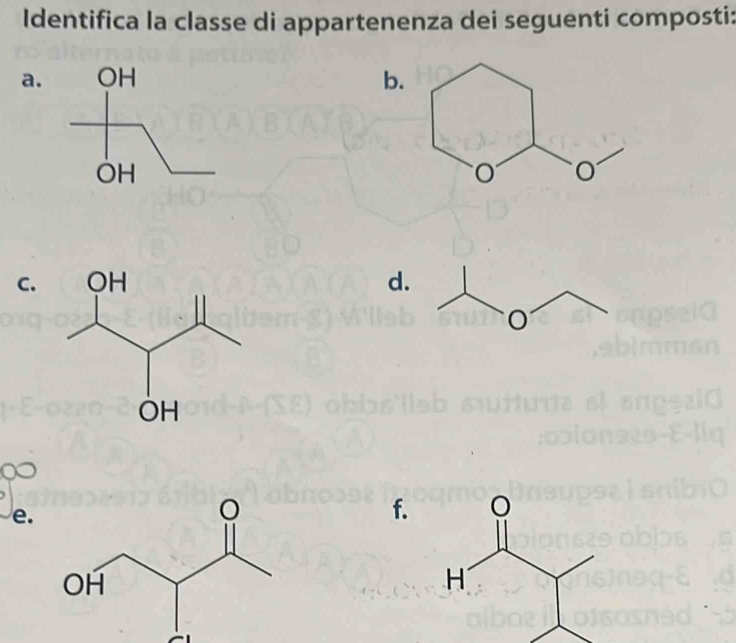 Identifica la classe di appartenenza dei seguenti composti: 
a.b 
C.d. 
e. 
f.