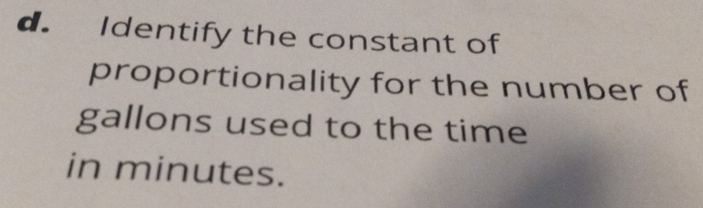 Identify the constant of 
proportionality for the number of 
gallons used to the time 
in minutes.