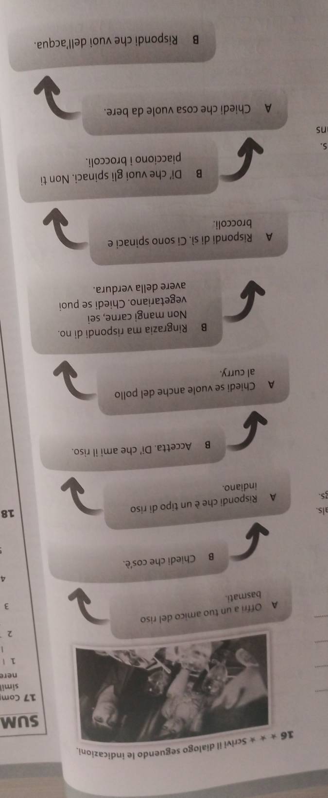 dialogo seguendo le indicazioni.
SUM
_
17 Com
simil
_
nere
1 |
_
2
_
A Offri a un tuo amico del riso
3
basmati.
4
B Chiedi che cos'è.
als.
gs. A Rispondi che è un tipo di riso
18
indiano.
B Accetta. Di' che ami il riso.
A Chiedi se vuole anche del pollo
al curry.
B Ringrazia ma rispondi di no.
Non mangi carne, sei
vegetariano. Chiedi se puoi
avere della verdura.
A Rispondi di sì. Ci sono spinaci e
broccoli.
B Di’ che vuoi gli spinaci. Non ti
piacciono i broccoli.
S.
ns
A Chiedi che cosa vuole da bere.
B Rispondi che vuoi dell’acqua.