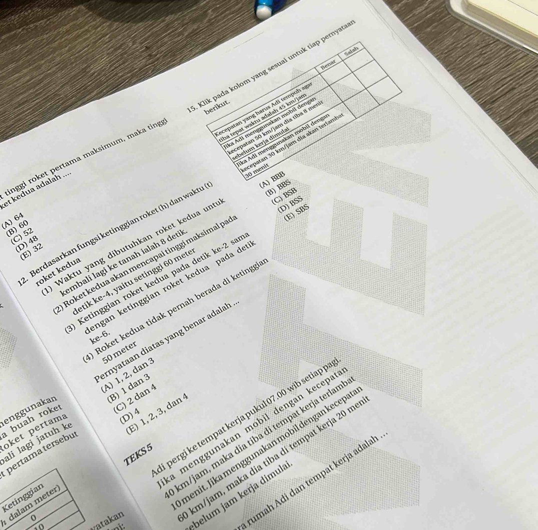 Salah
Benar
. Klik pada kolom yang sesuai untuk tiap pernyata
berikut.
ecepatan yang harus Adi tempuh ag
ba tepat waktu adalah 45 km/jaɪ
ka Adi menggunakan mobíl denga
ecepatan 50 km/jam dia tiba 8 mer
ebelum kerja dimula
inggi roket pertama maksimum, maka ting
ecepatan 30 km/jam dia akan terlamb 30 menit
(A) BBB
et kedua adalah ...
Berdasarkan fungsi ketinggian roket (h) dan waktu ka Adi menggunakan mobil denga
(A) 64
(B) 60
(C) 52
embali lagi ke tanah ialah 8 detil (B) BBS
(D)48
Waktu yang dibutuhkan roket kedua unts
Roket kedua akan mencapai tinggi maksimal pa (C) BSB
(E) 32
Ketinggian roket kedua pada detik ke-2 sar (D) BSS
engan ketinggian roket kedua pada det (E) SBS
roket kedua
etik ke-4, yaitu setinggi 60 met
Roket kedua tidak pernah berada di ketinggi
ke-6.
50 meter
a buah roket ernyataan diatas yang benar adalah
oket pertama A) 1, 2, dan 3
enggunakan
E)  1, 2, 3,dan
i pergi ke tempat kerja pukul 07.00 wib setiap p
(D)4
ali lagi jatuh k (B) 1 dan 3
a menggunakan mobil dengan kecepa
pertamatersebu (C) 2 dan 4
menit. Jika menggunakan mobil dengan kecepa
a km/jam, maka dia tiba dí tempat kerja terlam
TEKS 5
km/jam, maka dia tiba di tempat kerja 20 m
rumah Adi dan tempat kerja adalah
belum jam kerja dimula
Ketinggian
dalam meter
0
o
watakan