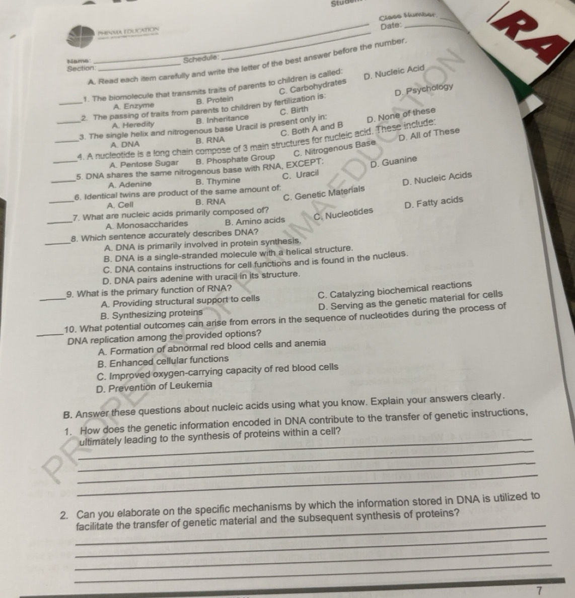 Solved: Studer _PHINM EDUCATION Jass Mumber Date: Name: Schedule _ A ...