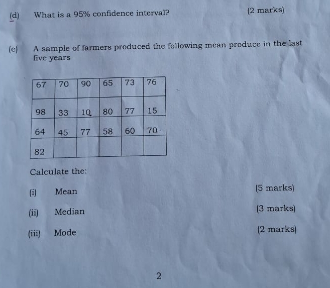 What is a 95% confidence interval? (2 marks) 
(e) A sample of farmers produced the following mean produce in the last
five years
Calculate the: 
(i) Mean (5 marks) 
(ii) Median (3 marks) 
(iii) Mode (2 marks) 
2