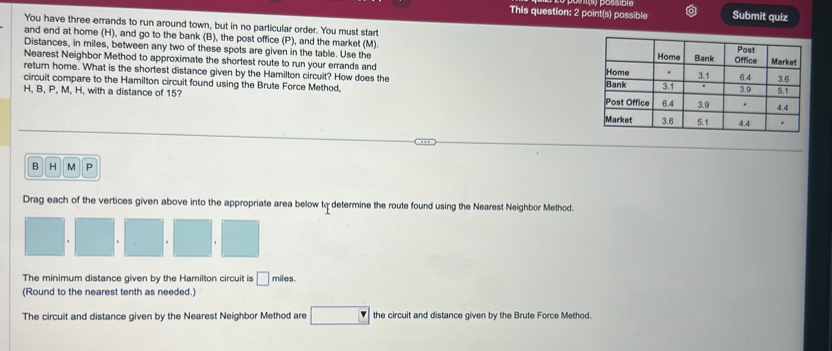 This question: 2 point(s) possible Submit quiz 
You have three errands to run around town, but in no particular order. You must start 
and end at home (H), and go to the bank (B), the post office (P) , and the market (M) 
Distances, in miles, between any two of these spots are given in the table. Use the 
Nearest Neighbor Method to approximate the shortest route to run your errands and 
return home. What is the shortest distance given by the Hamilton circuit? How does the 
circuit compare to the Hamilton circuit found using the Brute Force Method,
H, B, P, M, H, with a distance of 15?
B H M P
Drag each of the vertices given above into the appropriate area below to determine the route found using the Nearest Neighbor Method. 
The minimum distance given by the Hamilton circuit is □ miles. 
(Round to the nearest tenth as needed.) 
The circuit and distance given by the Nearest Neighbor Method are the circuit and distance given by the Brute Force Method.