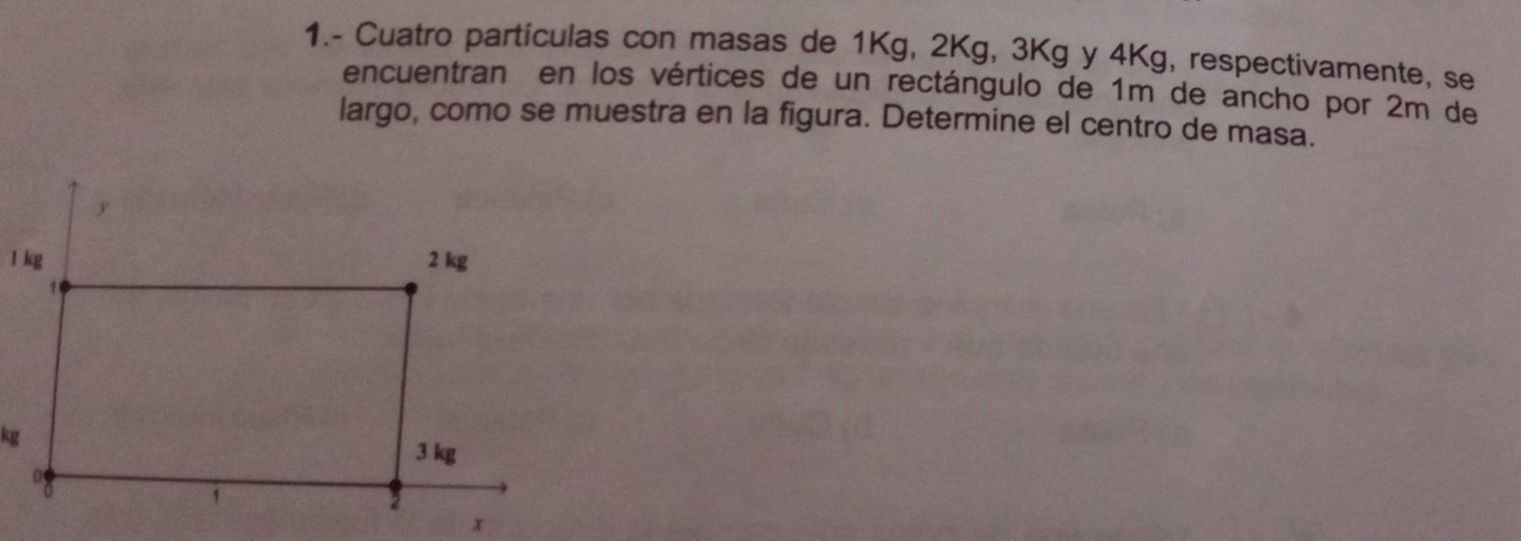 1.- Cuatro partículas con masas de 1Kg, 2Kg, 3Kg y 4Kg, respectivamente, se 
encuentran en los vértices de un rectángulo de 1m de ancho por 2m de 
largo, como se muestra en la figura. Determine el centro de masa.
kg