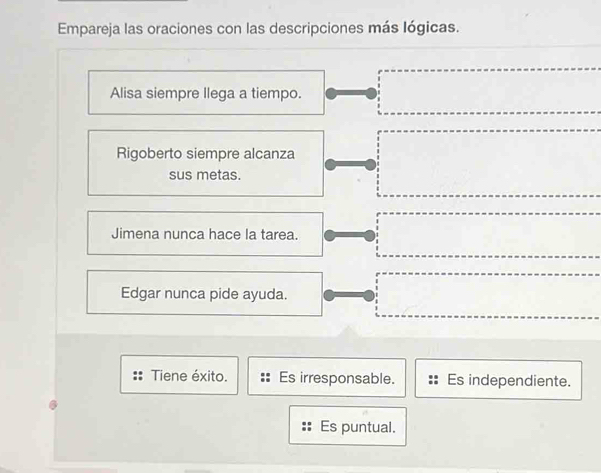 Empareja las oraciones con las descripciones más lógicas. 
Alisa siempre llega a tiempo. 
Rigoberto siempre alcanza 
sus metas. 
Jimena nunca hace la tarea. 
Edgar nunca pide ayuda. 
Tiene éxito. Es irresponsable. Es independiente. 
Es puntual.