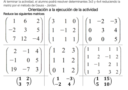 Al terminar la actividad, el alumno podrá resolver determinantes 3* 3 y 4* 4 reduciendo la
matriz por el método de Gauss - Jordan.
Orientación a la ejecución de la actividad