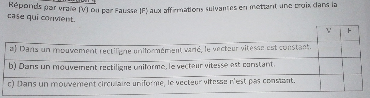 Réponds par vraie (V) ou par Fausse (F) aux affirmations suivantes en mettant une croix dans la 
case qui convient.